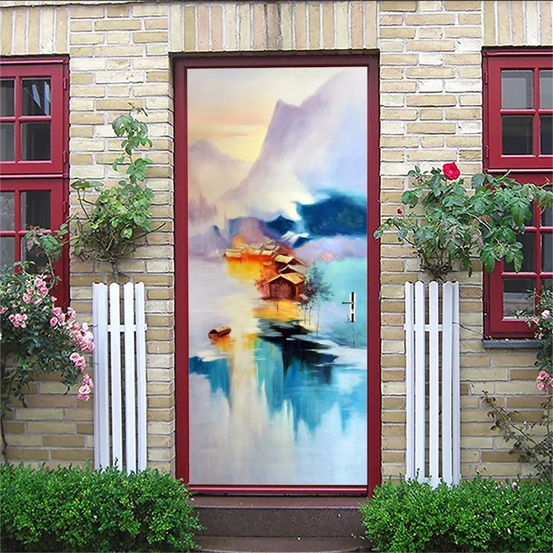 Door Stickers19 С изображением пейзажа с фонтаном креативная художественная дверь водостойкая 3D настенная палка Diy самоклеящаяся художественная домашняя Декорация-наклейка - Цвет: Door Stickers19