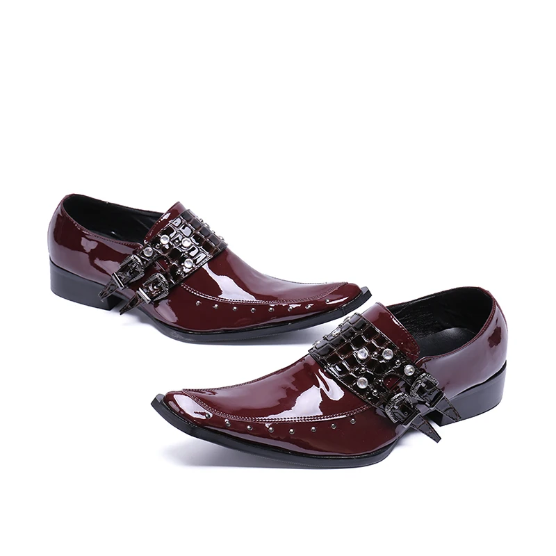 

Fashion Wine Red Gentleman Wedding Dress Shoes Square Toe Sepatu Pria Chic Buckle Straps Men Shoes Leather Flats Zapatos Hombre