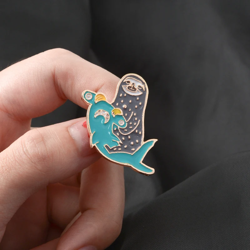 

New Member Of The Sloth Family ! Cute Baby Flash Hammerhead shark Surfing Sloth Soft Enamel Cartoon Animal Brooches Lapel Pins