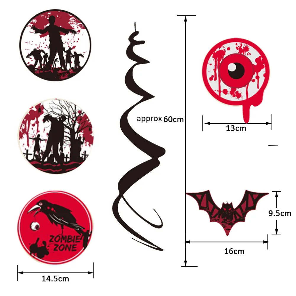 

9pcs Spooky Halloween Ceiling Hanging Swirl Decoration Party Dangler Swirls with Cutouts of Flying Bats Bloody Eyeballs Zombies