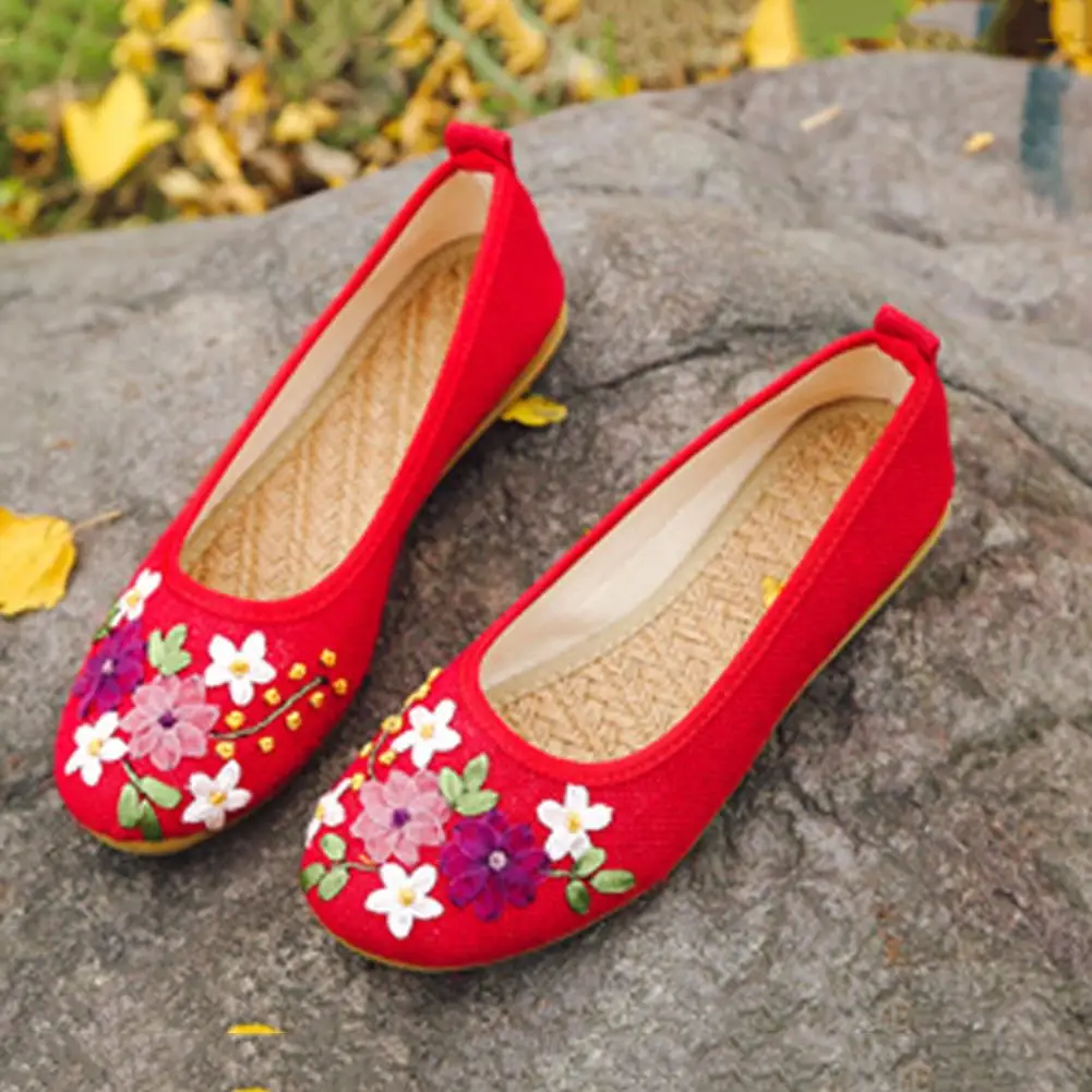 

Women Vintage Embroidered Flats Shoes Flower Slip On Round Loafers Ballerina Toe Shoes