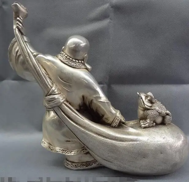 SHUN 14&quot Buddhism Silver Toad Happy Laughing Maitreya Buddha Money Bag Statue | Дом и сад