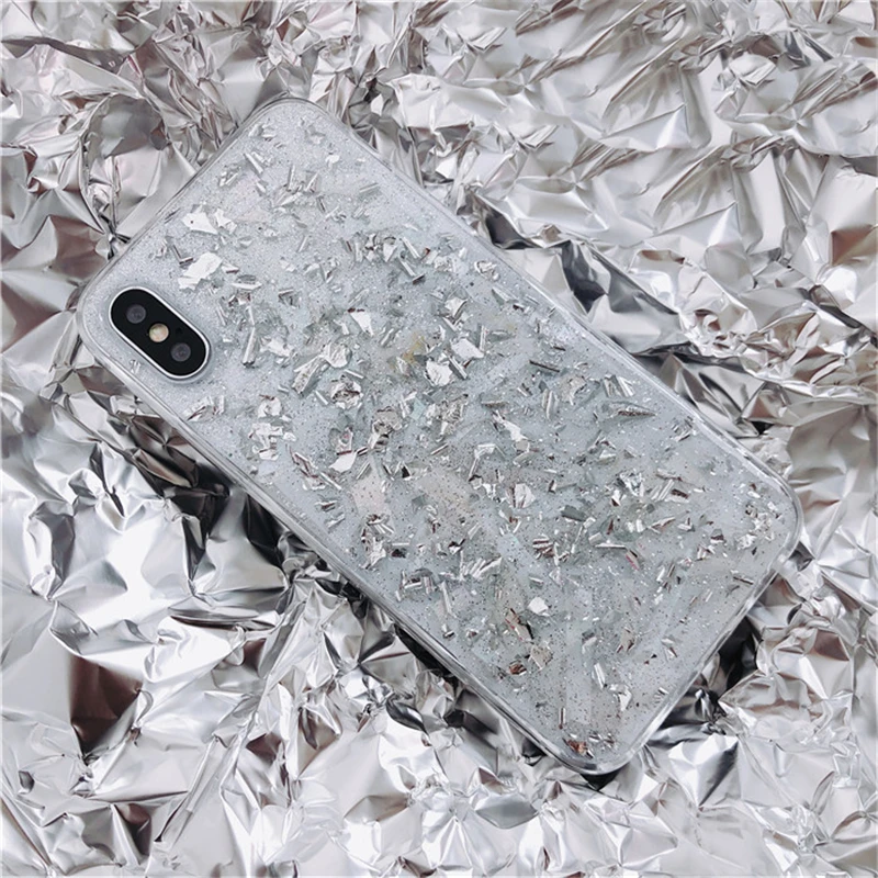 Чехол для iPhone X Xr Xs Max из золотой фольги с блестками Прозрачный мягкий силиконовый