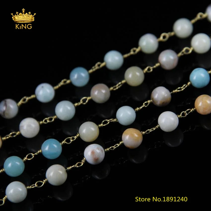 5Meter 8mm Smooth Round Amazonite Beaded Chains Jewelry Rosary Chain Wire Wrapped Stones Plated Brass Copper Necklace ZJ10 | Украшения и