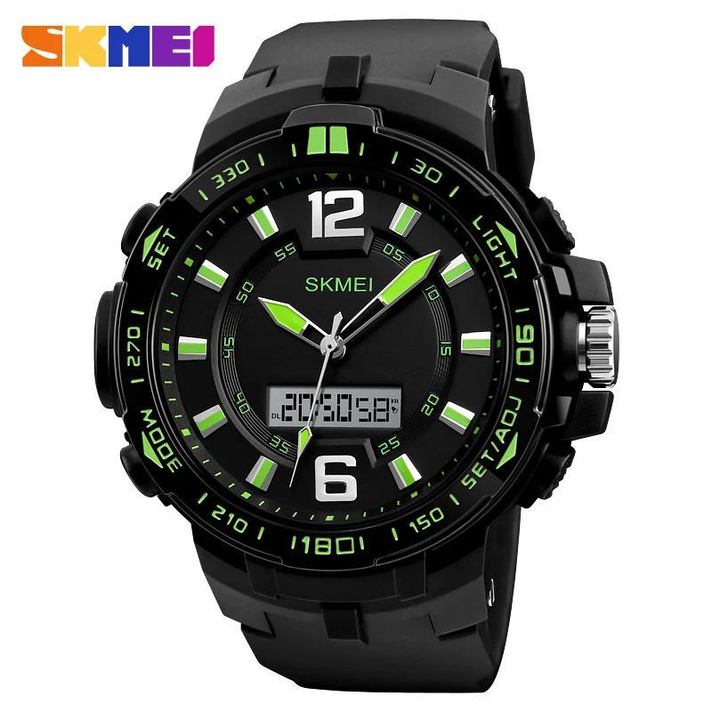 green SKMEI мужские спортивные часы с большим циферблатом водонепроницаемые Chrono повседневные кварцевые часы с двойным дисплеем наручные часы Мужские часы Relogio Masculino - Цвет: green