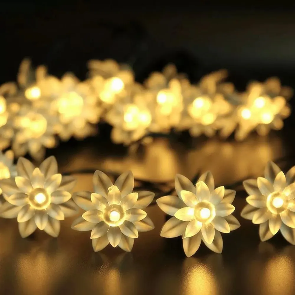 Деревянный двойной цветок лотоса солнечный светильник ing String 20-50LED водонепроницаемый Сказочный светильник для наружного украшения Рождественская вечеринка Свадьба
