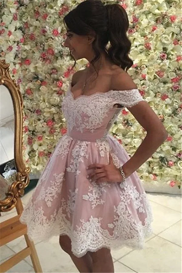 

Pink Homecoming Dresses A-line Off The Shoulder Appliques Lace Short Mini Elegant Cocktail Dresses