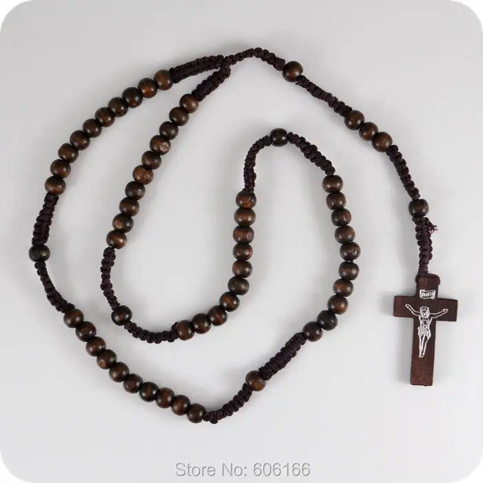 12pcs Dark Brown Wood Rosary Beads INRI JESUS Cross Pendant Necklace Catholic Fashion Religious Jewelry Wholesale | Украшения и