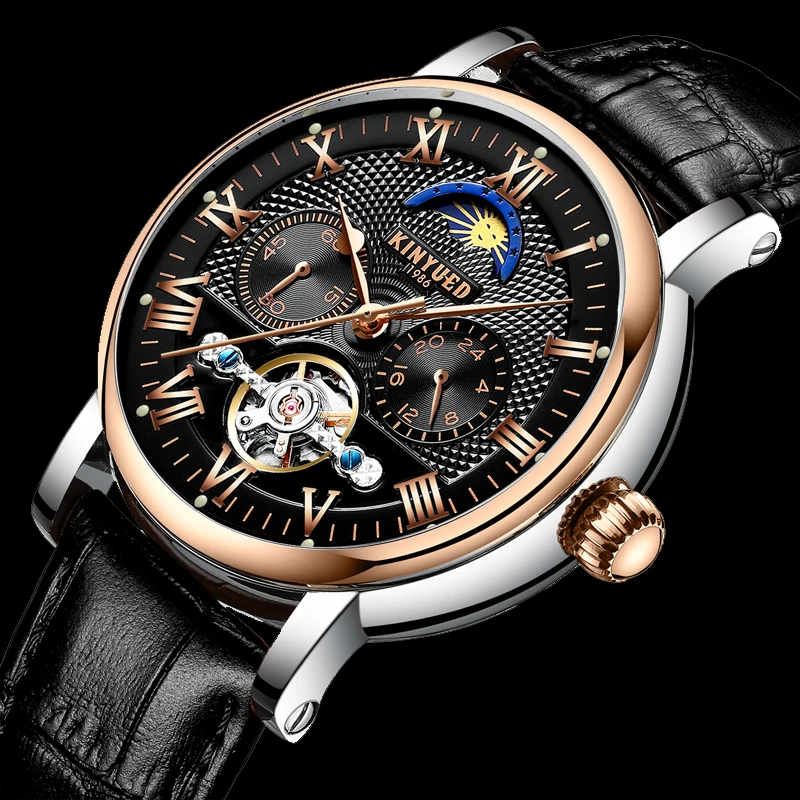 Мужские автоматические часы KINYUED Moon Phase механические с скелетом Топ люксовый