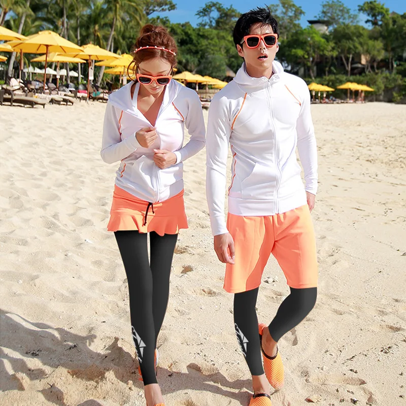 

Men's Women's Rashguard Long Sleeve UV Rash Guard White Zip-up Shirt Leggings Orange Trunks Swimwear Rash Guard set Surfing Suit