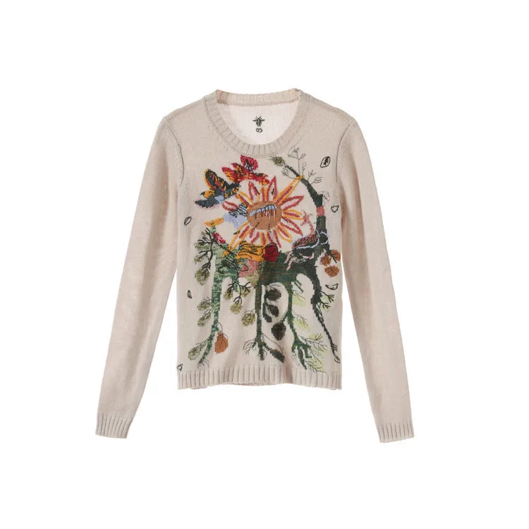 Новинка 2019 свитер с круглым вырезом и длинными рукавами тяжелой вышивкой |