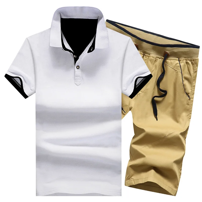 white501 khaki K511 Хлопковые мужские комплекты, летние рубашки поло на пуговицах, мужские шорты с отложным воротником, 4XL, Мужская одежда, комплект из 2 предметов, спортивный костюм, шорты с эластичным поясом - Цвет: white501 khaki K511