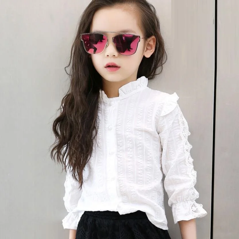 3 girls shirts Г. Осенняя шифоновая кружевная блузка в горошек для маленьких девочек-подростков черно-белая одежда детская рубашка с длинными рукавами для девочек топы для детей JW4252 - Цвет: 3 girls shirts