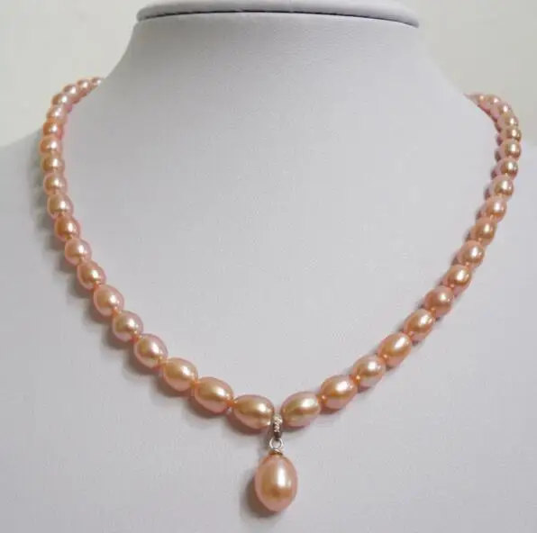 

Women Jewelry Gift 6-7mm pink pearl necklace oval round pendant real natural freshwater pearl 18'' 45cm