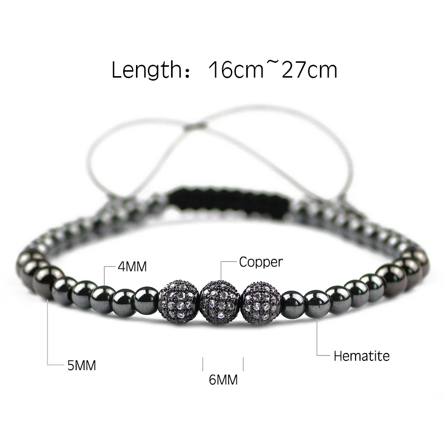 JHNBY Ball 4/5mm Hematite Beads Pave CZ Men Charm Copper Bracelet Rose Gold Color Trendy Women Braided Rope Bangle Jewelry Gift | Украшения