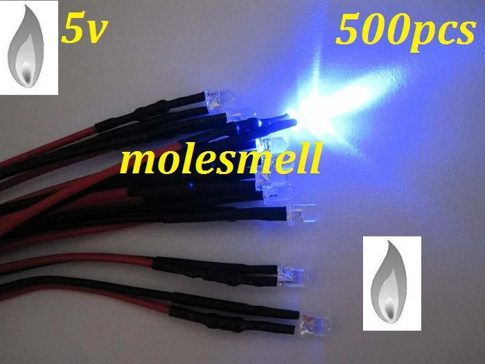 Free shipping 500pcs 3mm Blue Flicker 5V Pre-Wired Water Clear LED Leds Candle Light 20CM