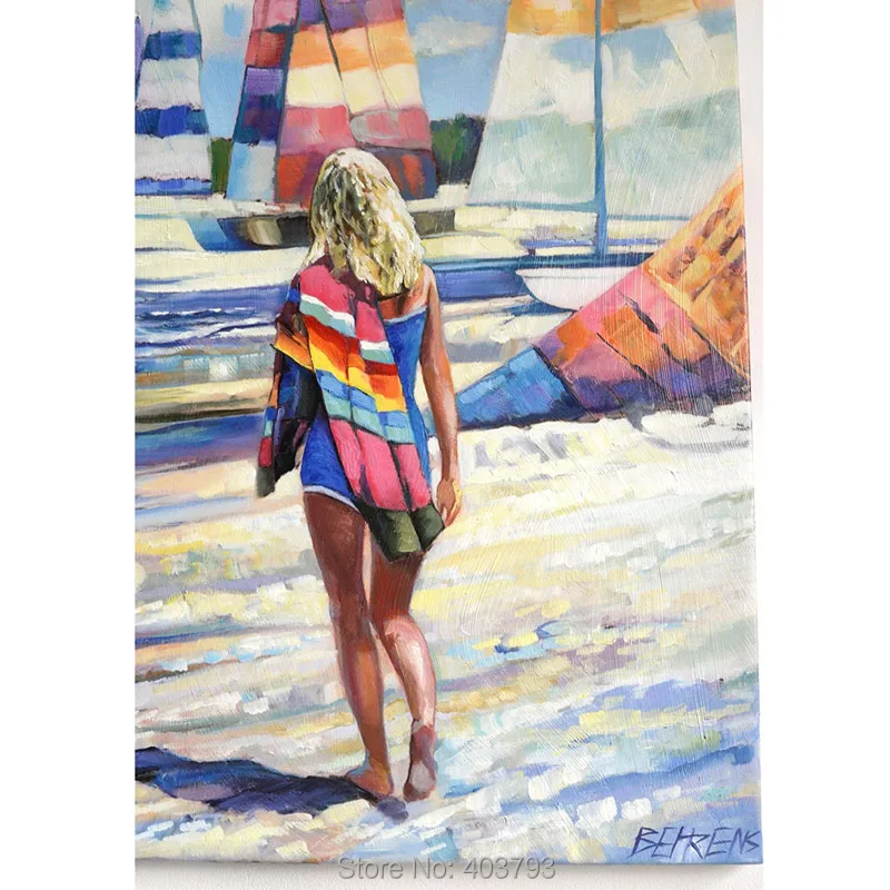 Hand painted oil painting Girl on the beach 70x60cm With love from California Christmas Gift Canvas Art For Living Room | Дом и сад