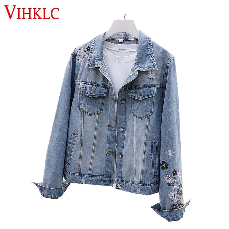 Женская джинсовая куртка с вышивкой Новинка 2018 года сезон весна большие размеры