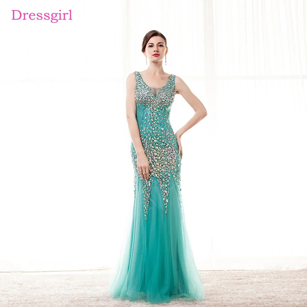

Green Prom Dresses Mermaid V-neck Tulle Beaded Crystals See Through Elegant Long Prom Gown Evening Dresses Robe De Soiree