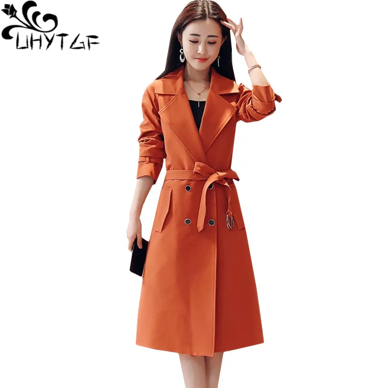 

UHYTGF Feminine fashion trench coat Solid color wild casual womens top Double-breasted spring autumn windbreaker female 4XL 201