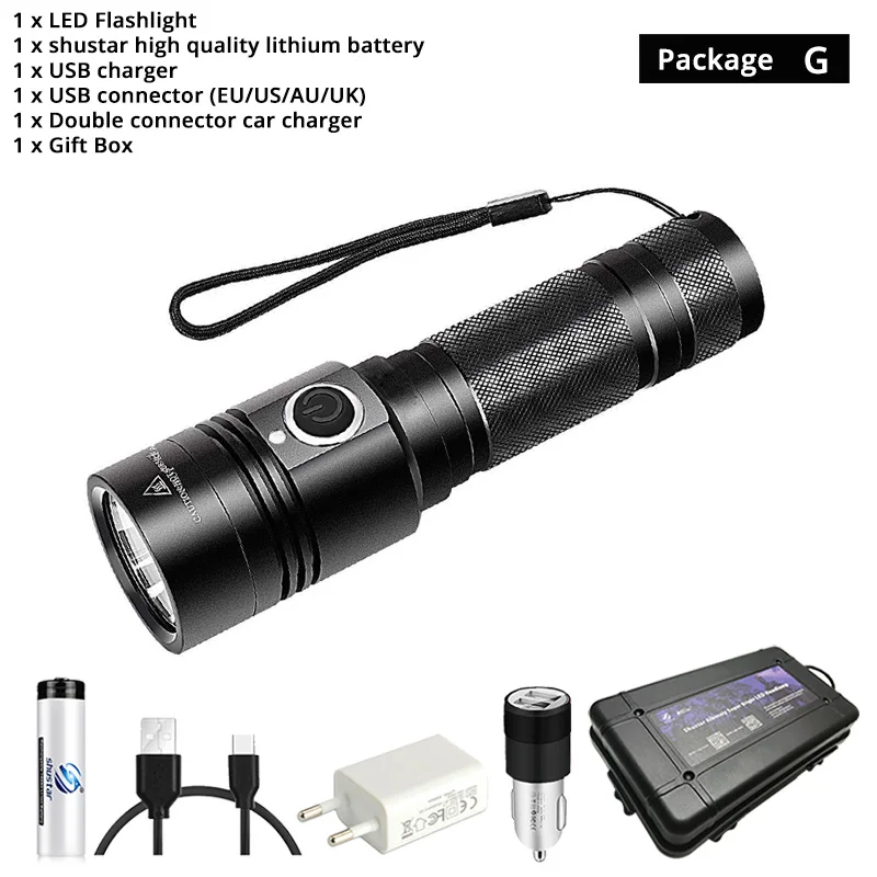 Package G Перезаряжаемый USB фонарик с 4 режимами освещения, супер яркий светодиодный фонарик с 18650 батареей для ночного освещения, кемпинга и т. д - Испускаемый цвет: Package G