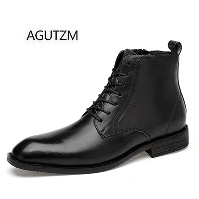 AGUTZM/Коллекция 9206 года; сезон осень-зима; мужские ботинки из натуральной кожи на шнуровке с квадратным носком; теплые плюшевые повседневные мужские ботильоны в деловом стиле - Цвет: black no plush