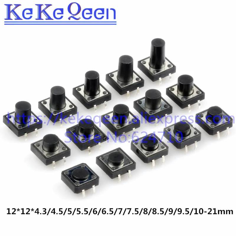 100Pcs 12x12mm 12*12*4.3/4.5/5/5.5/6/6.5/7/7.5/8/8.5/9/9.5/10-21mm Panel PCB Momentary Tactile Tact Push Button Switch DIP4 4pin