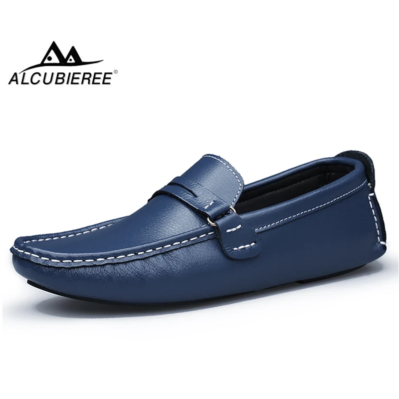 ALCUBIEREE Fashion Mens Flats Penny Loafers Spilt Leather Driving Shoes Male Boat Shoes Smooth Solid Moccasins Big Size Shoes 48