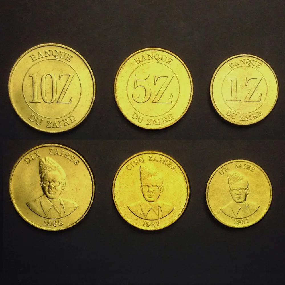 Заир набор 3 монеты 1 + 5 10 Zaires 1987 1988 A UNC коллекция подарок Африка 100% настоящие