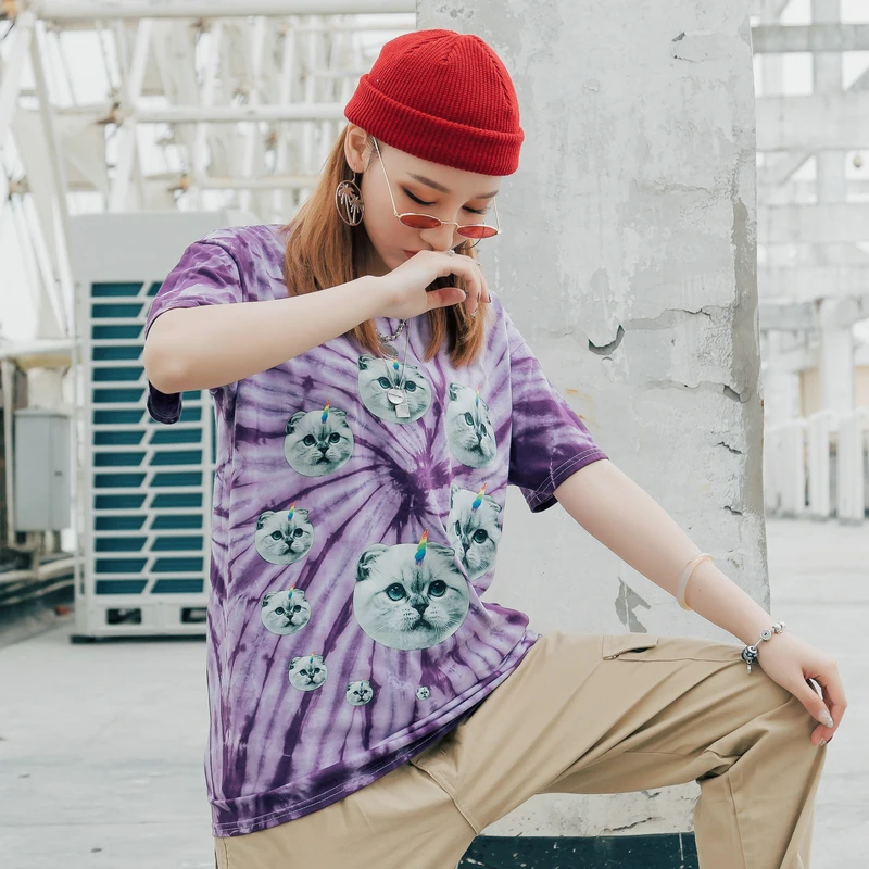Кошка с принтом пейсли Tie Dye футболки Для женщин Круглый шеи хип хоп футболка