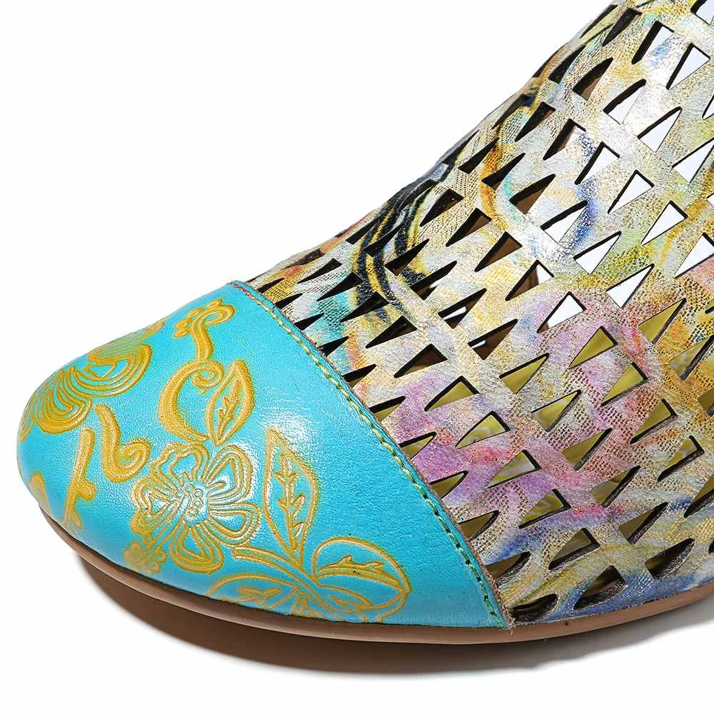 SOCOFY Hand Painted Sandals Retro Veins Genuine Leather Splicing Big Head Hollow Soft Sandals Shoes Women Sandalias Mujer