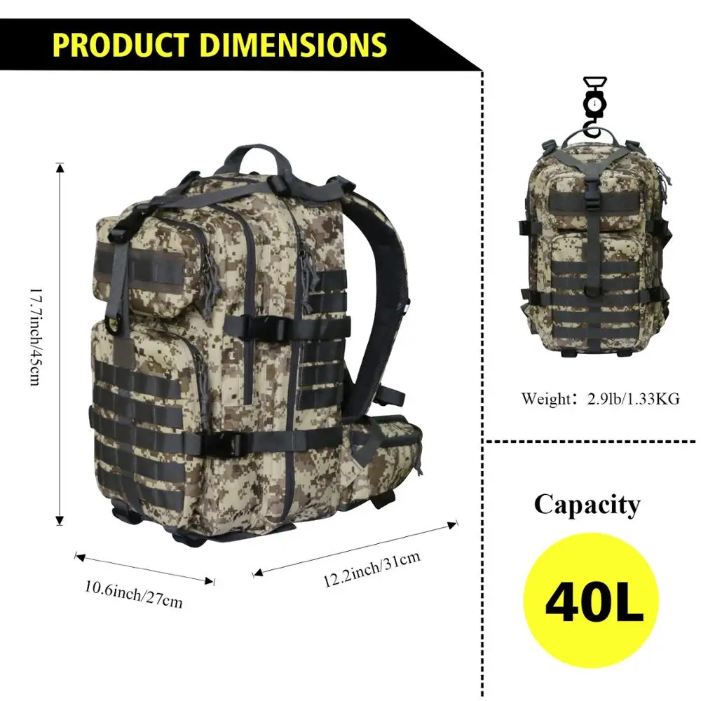 Vihir 40L Waterproof Military Tactical Backpack Assault Pack Molle Bug Out Bag for Outdoor Travel Hiking Camping Trekking | Спорт и
