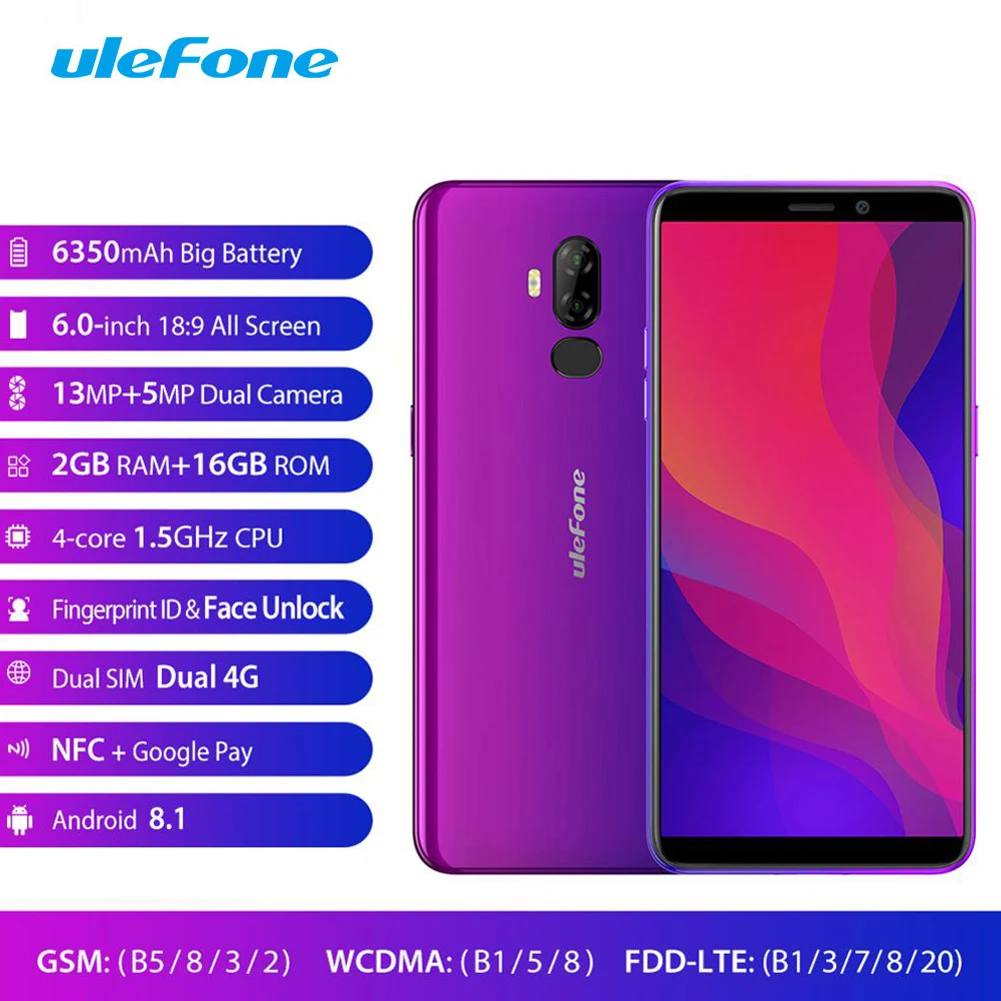 Мобильный телефон Ulefone power 3L с большой батареей 6 0 '' 16 ГБ 2 Гб Android 8 1 6350 мА/ч 4G Lte OTG