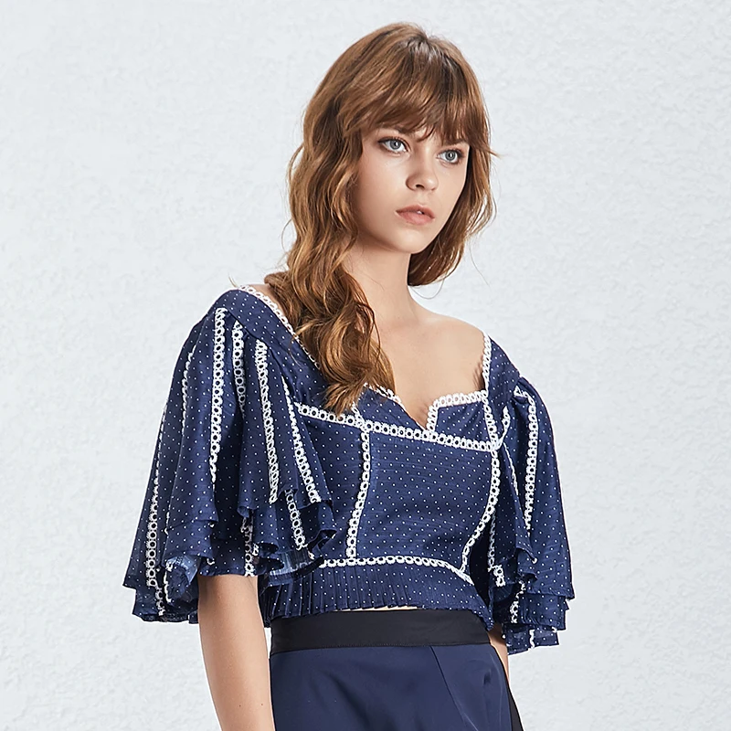 TWOTWINSTYLE Летняя короткая длина рубашка для женщин квадратный воротник половина рукава бант молния точка Одежда Топ Женская мода Новинка