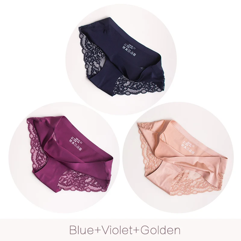 Blue Violet Golden Женские бесшовные трусы DULASI, откровенные нейлоновые трусы с хлопковой ластовицей и прозрачным кружевом, 3 шт./набор - Цвет: Blue Violet Golden