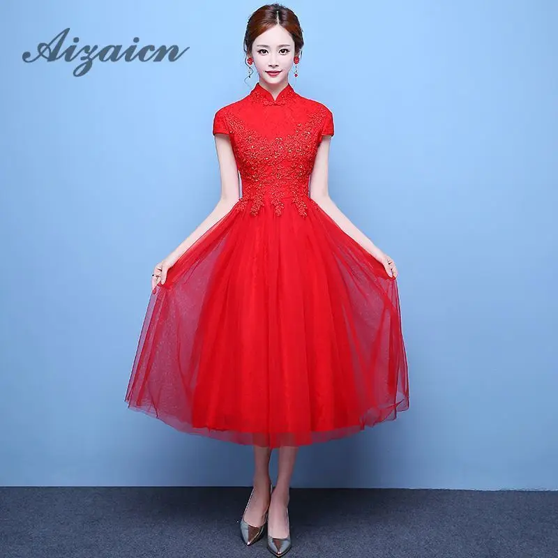 Красное свадебное платье в китайском стиле Cheongsam с коротким рукавом и вышивкой