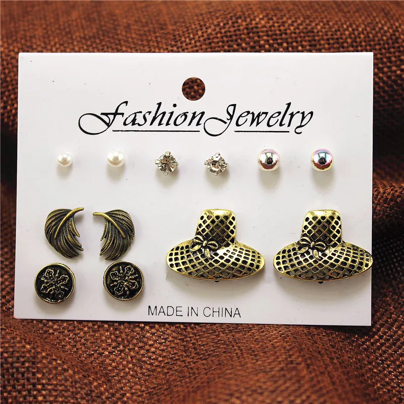 ENZE free shipping new fashion earrings color round imitation pearl retro hat girl accessories woman Ear stud combination | Украшения и