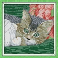 the cat paly with the circle of string chinese cross stitch kits ecological cotton stamped printed 11ct diy new year decorations