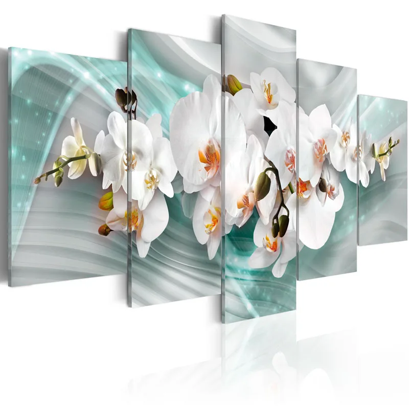 

5 Pieces HD Wall Art Fresh white magnolia flower abstract Blue background Canvas Home Decoratives Paintings Framed PJMT- (27)