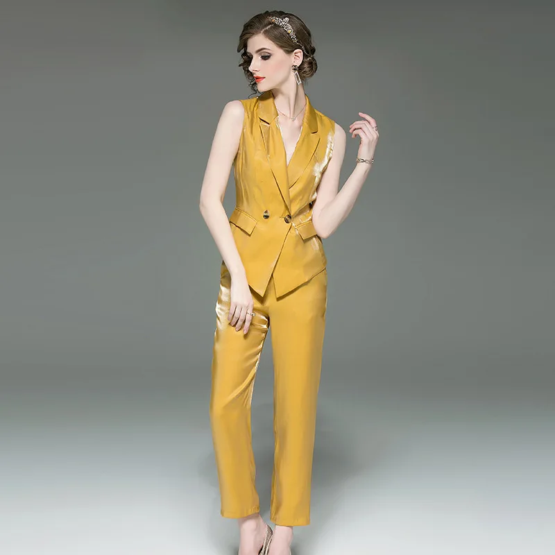 Летние Для женщин комплект из 2 частей блейзер без рукавов Топ + узкие брюки