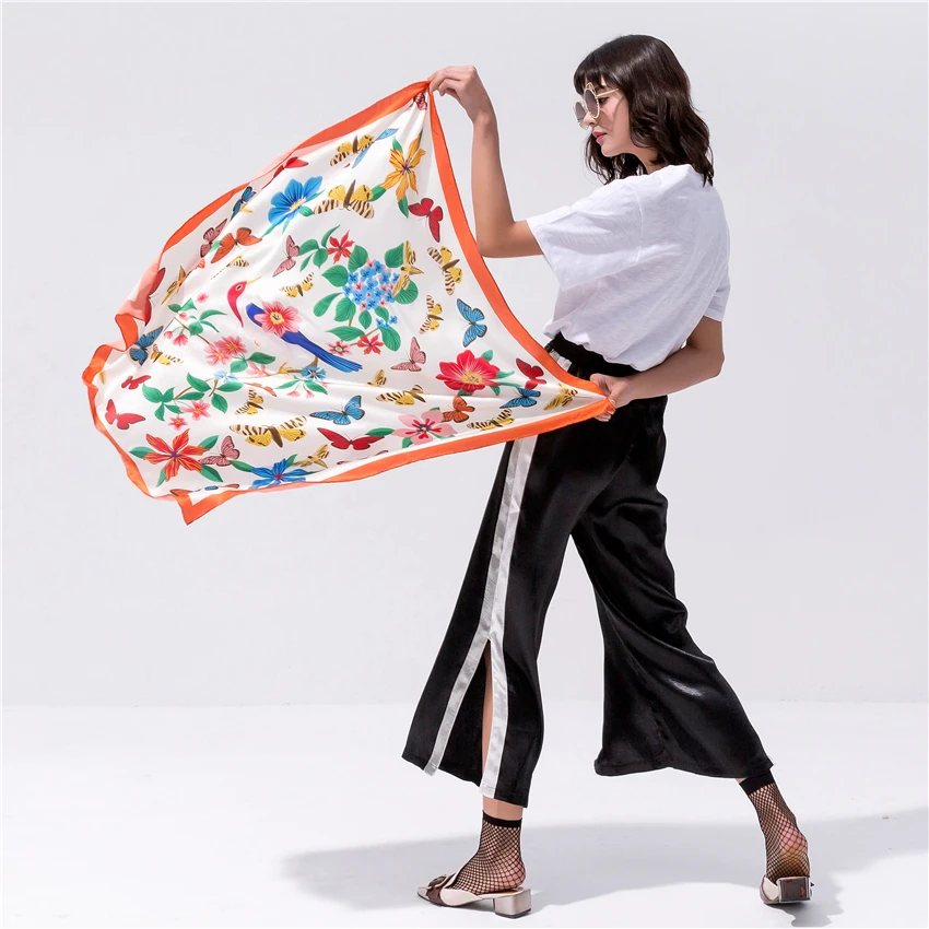 Женский шелковый шарф 90*90 см квадратный хиджаб с цветочным принтом шаль из 100%