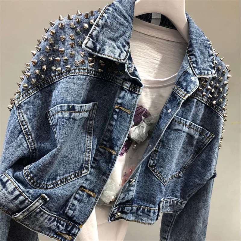 Весна осень женские джинсовые куртки Harajuku заклепки дизайн короткие джинсы куртка женская длинный рукав свободная выстиранная верхняя одежда Уличная