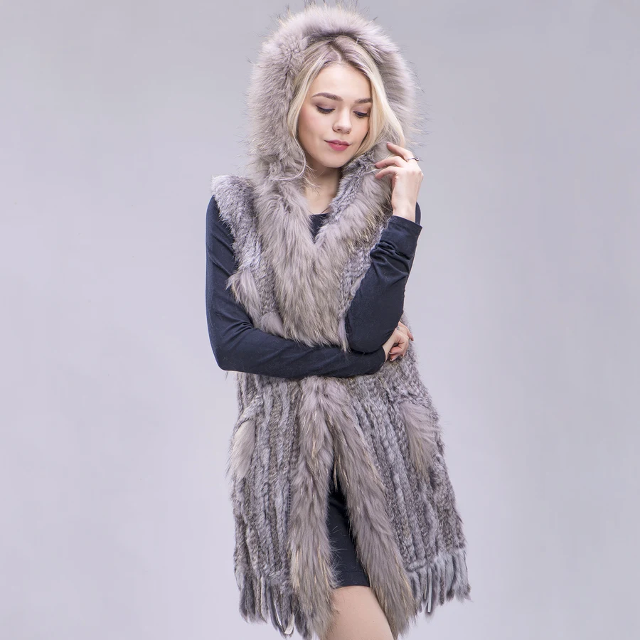 ZDFURS* женский жилет из натурального кроличьего меха с капюшоном, модный воротник из меха енота, жилеты, теплый длинный жилет из натурального меха