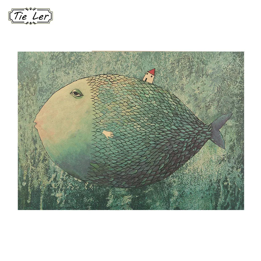 1 шт. винтажный маленький домик с большой рыбой мультяшная иллюстрация постер из