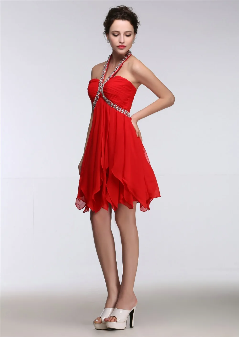 Red Vintage Sexy Backless Chiffon A-line Prom Dress 2015 Real Photos Cheap Ever Pretty Natural Sleeveless Vestidos De Noche | Свадьбы и