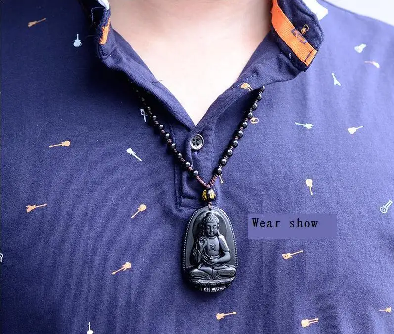 Big High Quality Natural Black Obsidian Carved Buddha Lucky Amulet Pendant Necklace For Women Men pendants Gift Jewelry | Украшения и