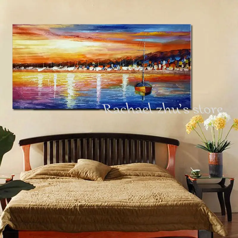 Большая Ручная роспись современные абстрактные морские лодки морской пейзаж