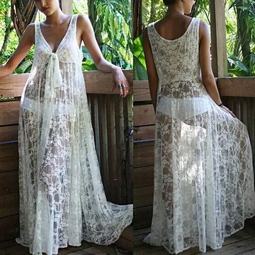 

Women Sexy V-neck Sleeveless Summer Beach Lace Cover Up See Through Maxi Dress