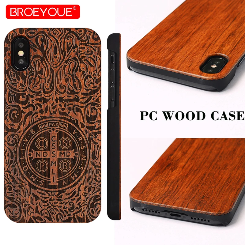 BROEYOUE Wood Case For iPhone X 7 8 Plus 6 6S Phone Covers PC Frame Wooden Back Carving Fundas 5S SE |