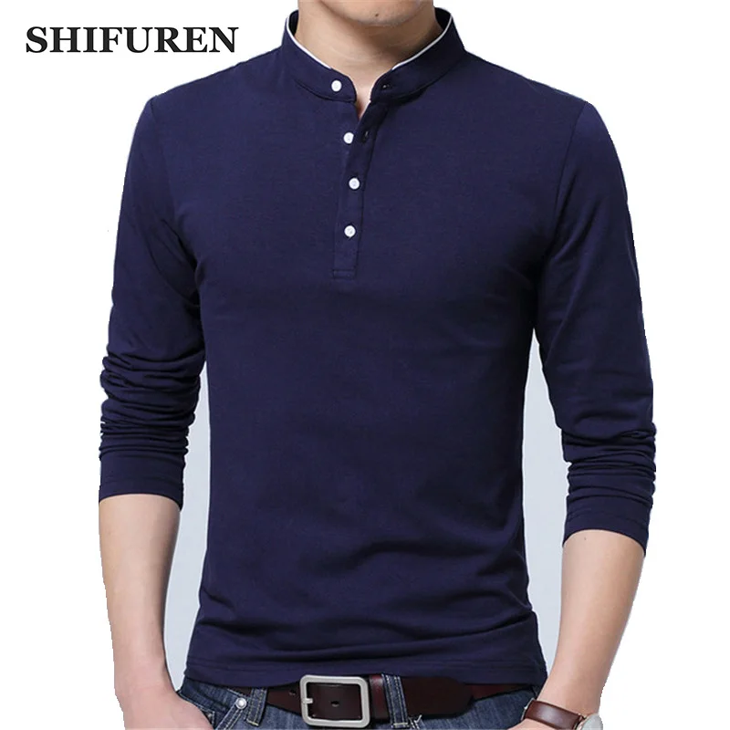 

SHIFUREN Men's Cotton T shirts Solid 5 Colors Round Neck Long Sleeve Tee Shirts Stand Collar Male Causal Tops Size S-XL